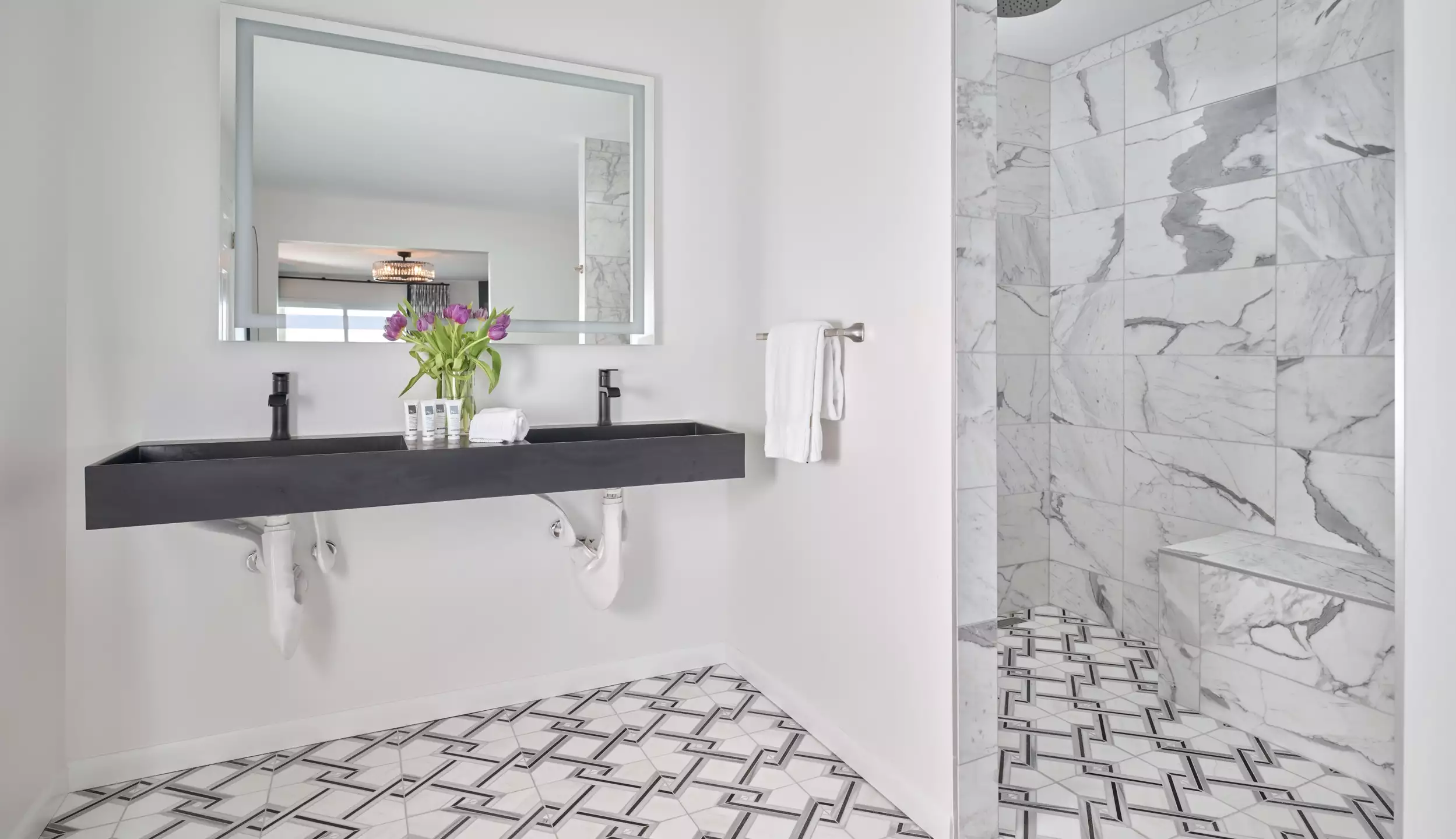 Barrier free marble shower and accessible sink